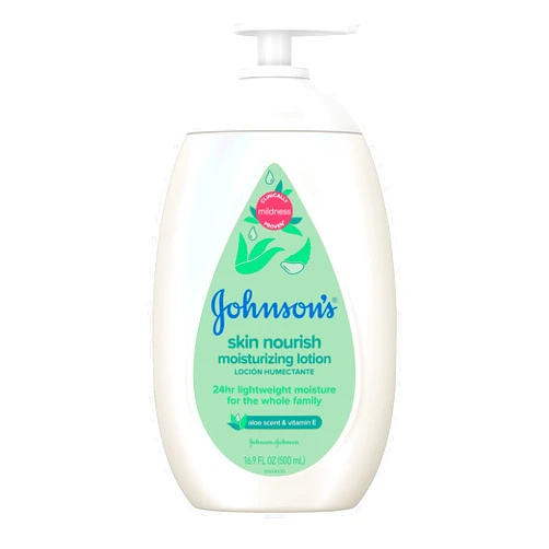 Johnson's Baby Johnson's Skin Nourish Moisturizing Baby Lotion with Aloe Vera Scent & Vitamin E, Gentle & Lightweight Body Lotion for The Whole Family, Hypoallergenic, Dye-Free, 16.9 fl. oz