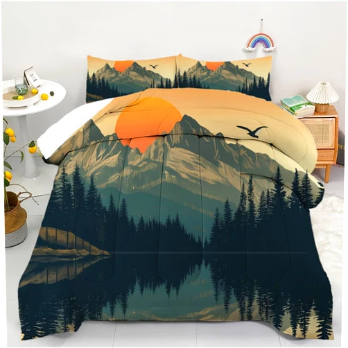 AyPoint Mountain Comforter Set Queen, Illustration Mountain and Forest, Lake, and Flying Birds at Sunset Nature Theme Bedding Quilt Set Bedroom Collection, Queen Size - 1 Comforter + 2 Pillow Cases