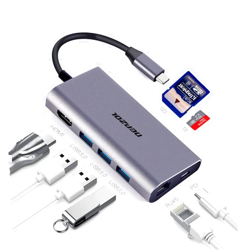 DEPZOL USB C Hub, Type C Adapter 8-in-1 Dock to HDMI 4K, Gigabit Ethernet RJ45, PD Power Delivery, 3 USB 3.0 Ports and TF SD Card Readers for MacBook Pro 2018/2017/2016 and More USB-C Devices