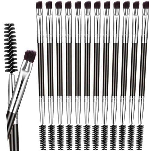 Boao 12 Packs Duo Eyebrow Brush, Spoolie Brush and Angled Brow Brush, Multi-functional Mini Eyelash Brush for Tinting Angled Eyebrow, Suitable for Cream Gel (Silver)
