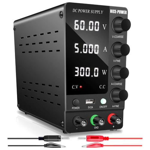 NICE-POWER DC Power Supply Variable 60V 5A, Adjustable Switching Regulated DC Bench Power Supply with Output Switch, High Precision 4-Digit LED Display, Benchtop Lab Power Supplies with 5V/2A USB Port