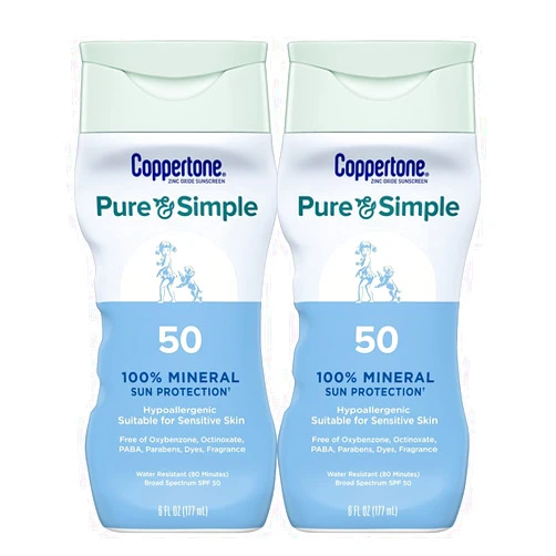 Coppertone Pure and Simple Zinc Oxide Mineral Sunscreen Lotion SPF 50, Water Resistant Sunscreen for Sensitive Skin, Hypoallergenic and Fragrance Free, 6 Fl Oz Bottle, Pack of 2