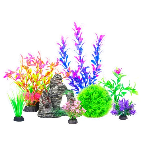 Ameliade Aquarium Decorations Fish Tank Artificial Plastic Plants & Cave Rock Decor Set, Goldfish Betta Fish Tank Accessories Small Large Fish Bowl Decorations（8 Pieces