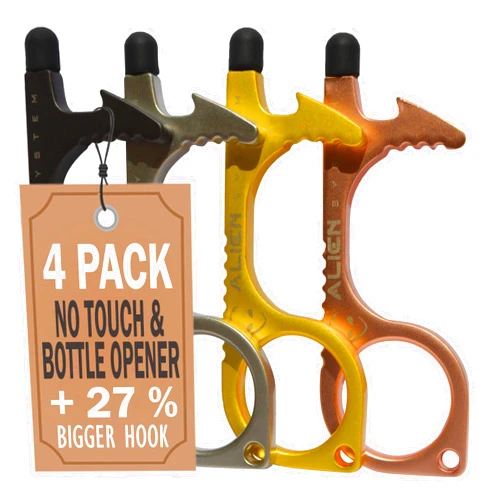 ALIEN SYSTEM No Touch door opener Tool 4 Pack - Premium Multitool keychain - Door opener, Touchscreen stylus, Button pusher and Bottle opener