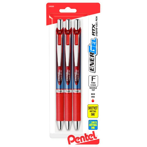 Pentel® EnerGel® RTX Retractable Liquid Gel Pens, Fine Point, 0.5mm, 54% Recycled, Assorted Barrel Colors, Red Ink, Pack Of 3 Pans