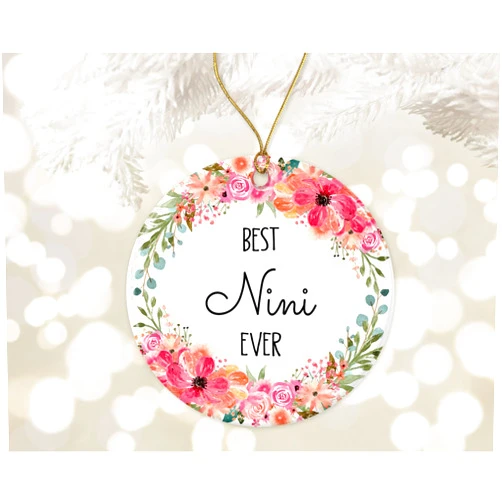 AcevedoDesign Best Nini Ever Ornament, Nini Flower Christmas Ornament, Christmas Ornament for Nini from Son, Daughter, Nanna Gifts, Christmas Ornament Ceramic Printed on Both Sides