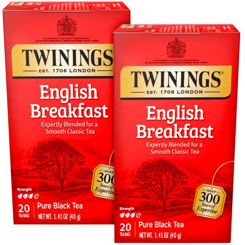Twinings English Breakfast Tea 2-Pack – Caffeinated Black Tea Blend, Individually Wrapped Tea Bags, 20 Count Ea