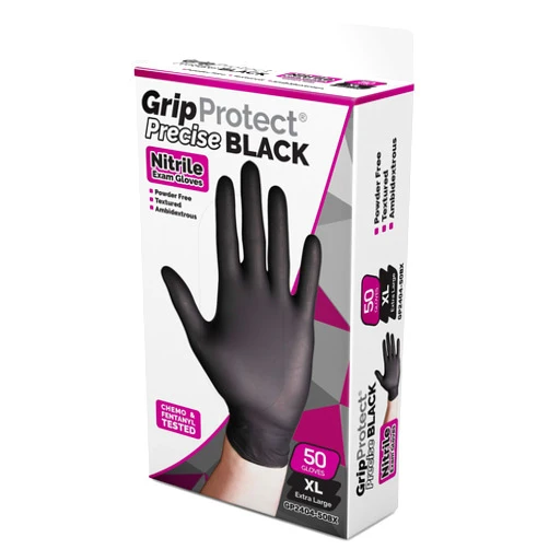 GripProtect® Precise Black Nitrile Exam Gloves | 4 Mil | Chemo-Rated | Food, Home, Hospital, Law Enforcement, Tattoo | (X-Large, 50)
