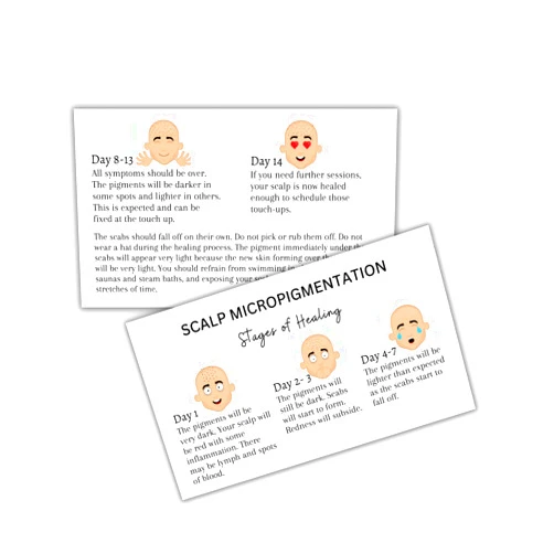 Lashicorn Scalp Micropigmentation Stages of Healing Aftercare Cards | 50 pk, 2 x 3.5” inches | Microblading Scalp Permanent Tattoo Client Kit Minimalist Design Emotion People