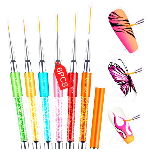 Saviland 6pcs Nail Art Liner Brushes Set: Nail Gel Polish Painting Nail Art Design Brush Pen Set with Crushed Diamond Rhinestones Handle for Pulling Lines, Sizes 7/9/11/13/17/23 mm, Christmas Gifts