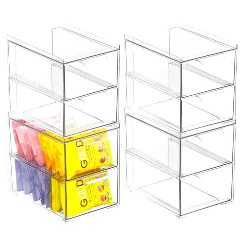 mDesign Stackable Storage Containers Box with 2 Pull-Out Drawers - Stacking Plastic Drawer Bins for Kitchen Pantry and Cupboard, Cabinet, Counter, Island and Tables - Lumiere Collection, 4 Pack, Clear