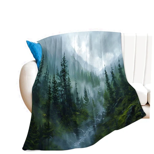 Baegopa Forest Blanket Misty Mountain Tree Throw Blanket Cozy Plush Fleece Flannel Green Nature Blankets Landscape Party Gifts for Girls Boys Women Men 50