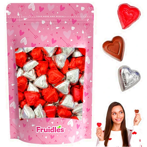 Fruidles Happy Valentine's Day Milk Chocolate Hearts in Bag, Creamy Chocolaty Hearts in Red and Silver Foils, Holiday Treats, Individually Wrapped, Kosher Certified Dairy (Half-Pound)