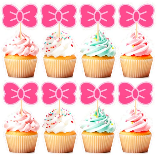 Cinnvoice 24 Pcs Pink Cat Cupcake Toppers Bow Cake Toppers Kawaii Cake Decorations Pink Birthday Party Decorations for Girls Kitten Theme Party