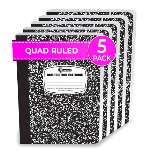 Rosmonde Graph Paper Composition Notebook, 5 Pack, 200 Pages (100 Sheets), Quad Ruled Composition Notebook, Graph Notebooks, 4x4 Grid Composition Notebook, Black Marble, Sewn Hard Cover, 9-3/4 x 7-1/2