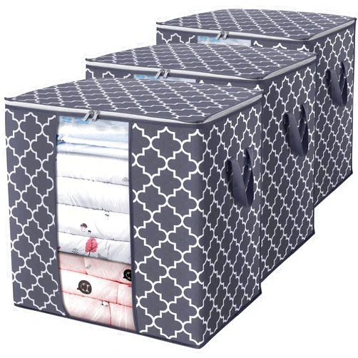 WISELIFE Storage Bags [3 Pack/100L] Large Blanket Clothes Organization and Storage Containers for Comforters,Bedding, Foldable Organizer with Reinforced Handle, Clear Window, Sturdy Zippers,Gray