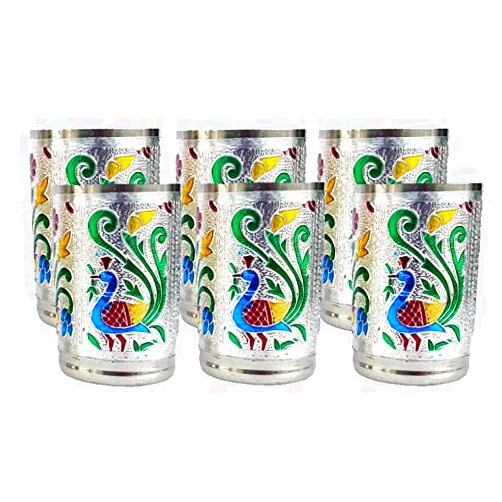 Rastogi Handicrafts Set of 6 Stain less steel glass indian hand made meena work Peacock design Golden silver color Diwali Christmas Tumbler Gift set item (Silver color)