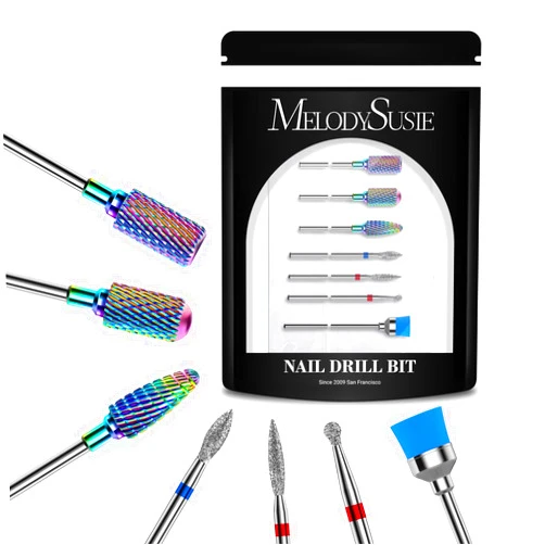 MelodySusie Nail Drill Bits Set, 7pcs Tungsten Carbide Diamond Nail Drill Bits for Acrylic Nails Poly Gel Cuticle Remove, 3/32'' Professional Nail Bits for Nail Drill Efile, Manicure Pedicure Tools
