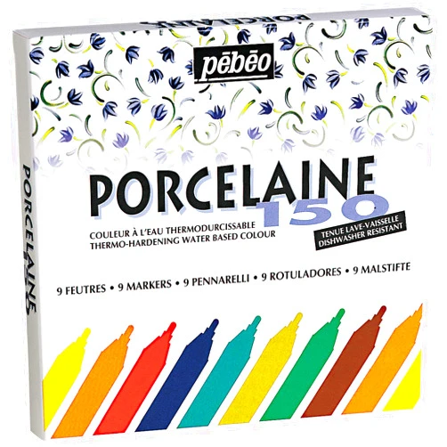 Pebeo PE020010 Porcelaine 150 China Paint Marker Set 9/Pkg Assorted, 9 Count (Pack of 1), Bullet Tip (Colors May Vary)