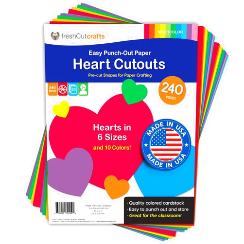 FreshCut Crafts 240 Pieces Heart Paper Cutouts, 2-Sided US Made Card Stock Punch Out Multicolor Hearts for Valentine’s Day Crafts, Bulletin Boards, Classroom Decor, and Posters 10 Vibrant Colors
