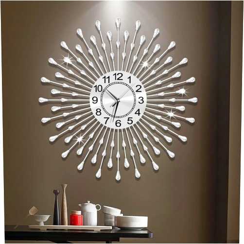 FMTAD Large Wall Clock Metal Decorative Wall Clocks Silent Non-Ticking,Bling Shining Modern Art Starburst Big Wall Clocks for Living Room Bedroom Dining Room Kitchen Decor,Dia 28 Inch Silver