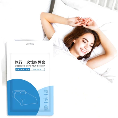 YTLX 4pcs Superior Disposable Travel Bedset Ready-to-Use Large Size Bed Linens Including One Bedsheet, One Quilt Cover, Two Pillowcases, Portable Bedding Set Breathable for Hotel Camping Trip Hospital