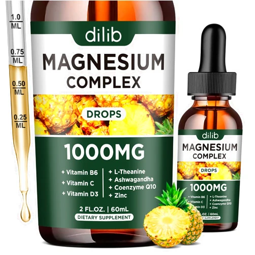 Dilib Triple Magnesium Complex Supplement, Magnesium Glycinate, Blend, Citrate Liquid Drops 1000mg with Ashwagandha, CoQ10, Vitamin B6, C, D, Zinc - Vegan Pineapple Flavor