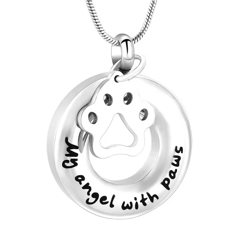 QJZM Cremation Jewelry UrnMy Angel with Paws Keepsake Necklace Hold Dog Paw Charm Circle Stainless Steel Cremation Jewelry Urn Memorial Pendant for Ashes-Silver_Pendant only