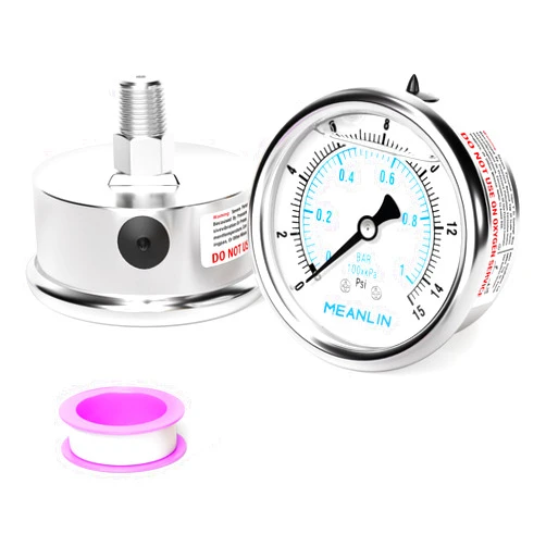 MEANLIN MEASURE 0~15Psi Liquid Filled Pressure Gauge Stainless Steel with 316 Stainless Steel Joint 1/4