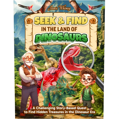 Jamie Whimsy Seek & Find in the Land of Dinosaurs: A Challenging Story-Based Quest to Find Hidden Treasures in the Dinosaur Era (Premium Hidden Object Puzzle Book for Kids 6-12 Years Old) (Seek and Find)