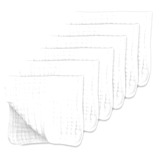 CottCare Muslin Burp Cloths for Baby 100% Cotton Large 20''X10'' 6 Layers Thicken Super Soft and Absorbent (6 Pack,White)