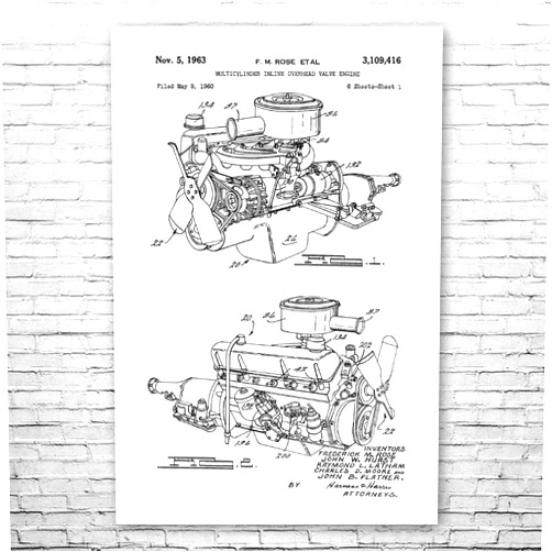 Patent Earth 220 Slant Six Engine Poster Print, Mechanic Gift, Race Car Art, Engine Blueprint, Wall Art, Auto Engineer, Body Shop Art Black & White (8 inch x 10 inch)