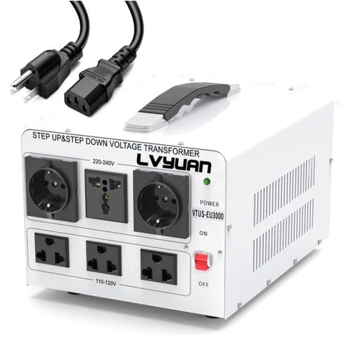LVYUAN Heavy Duty 3000W Watt Voltage Transformer Converter Step Up/Down Converter 110/120 Volt - 220/240 Volt with 3 US,2 European,1 Universal Outlets and CE Certified,Circuit Break Protection