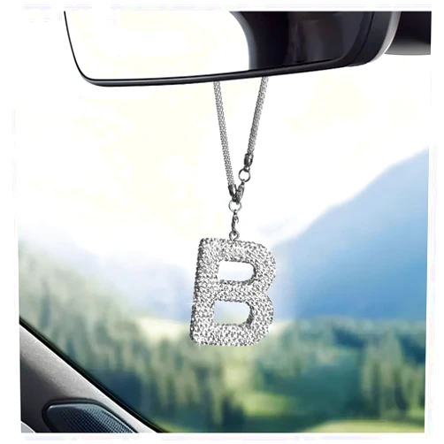 DXNQ Bling Initial Car Rear View Mirror Ornament, Crystal Sparkling Cute Letter Charm Pendant Auto Decor, Hanging Lucky Diamond Initial Charm Car Mirror Bag Ornament for Girl Women (Letter B)