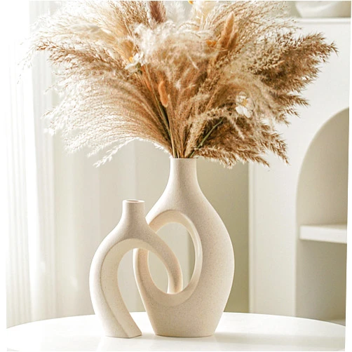Lvases Snuggle Hollow Ceramic Vase Set of 2, Boho ins Style Round Nordic Mid Century Modern Aesthetic Decorative Vase for Home Decor (Cream W 6.8