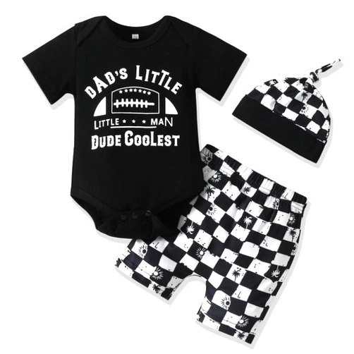 Kionio Newborn Baby Boy Clothes Infant Boy Outfits Letter Print Bodysuit Romper Shorts Hat Toddler Summer Clothing Set