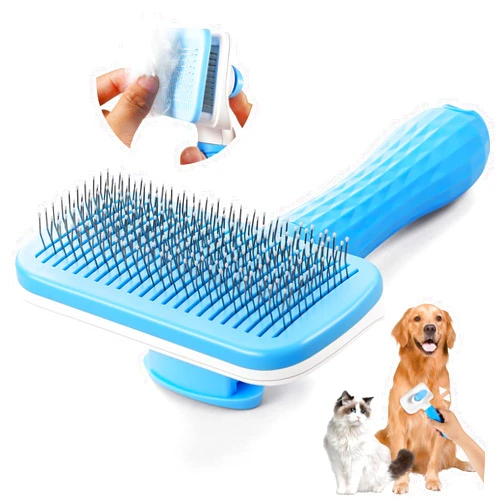 Patepoby Pet Brush,Dog brush for Shedding,Cat brush with release button，Self Cleaning Slicker Brushes for Dogs&Cats,Pet Grooming Brush Tool Gently Removes Loose Undercoat,fine needle（Blue）