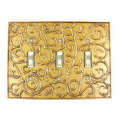 Meriville French Scroll 3 Toggle Wallplate, Triple Switch Electrical Cover Plate, Antique Gold