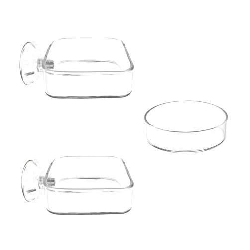 IAFVKAI Aquarium Shrimp Feeder Dish Glass Fish Tank Feeding Bowls, 2pcs Square Glass Food Bowl (60mm), 1pcs Round Fish Feeding Bowls with Suction Cups (60mm)
