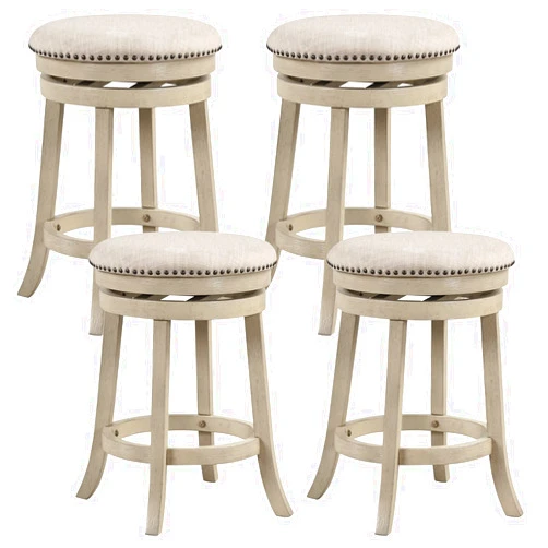 COSTWAY 360° Swivel Bar Stools Set of 4, 26.5-inch Height Upholstered Round Barstools with Wooden Frame, Seat and Footrest, Backless Solid Wood Counter Stools for Kitchen Island Bistro Pub, Beige