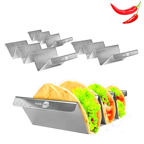 KOOL 360 Food Grade Stainless Steel Taco Holders with Handles | Taco Shells Holder Set of 4 | Each Taco Stand Holds Up To 3 Tortillas| Taco Rack Dishwasher Oven Grill Safe| Taco Plates for Home and Restaurant