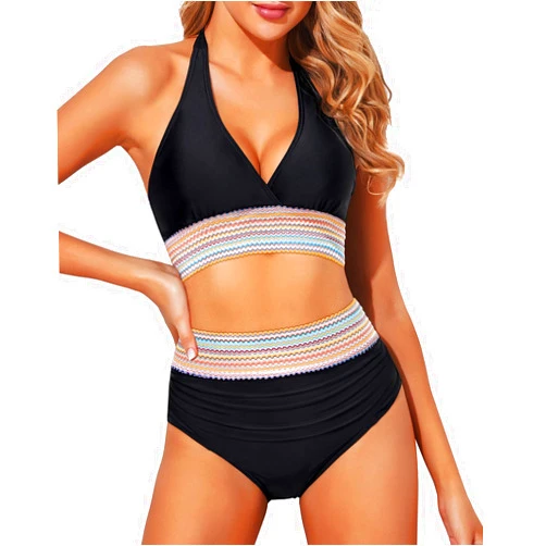 Yonique Women Tummy Control Bikini Two Piece High Waisted Swimsuit Push Up Bathing Suit Halter Bikini Top