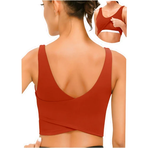 SIGNEALA V Neck Built in Bra Longline Sports Bras for Women Padded Crisscross Workout Crop Tops for Yoga Gym Fitness Tank Bra