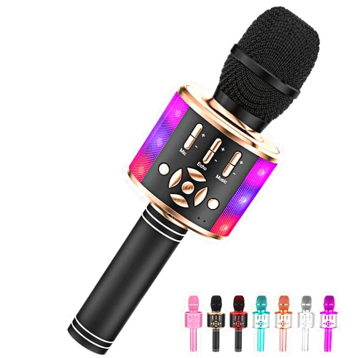 Amazmic Kids Karaoke Microphone Machine Toy Bluetooth Microphone Portable Wireless Karaoke Machine Handheld with LED Lights, Gift for Children Adults Birthday Party, Home KTV(Black Gold)