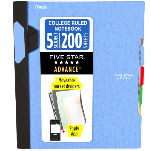 Five Star Advance Spiral Notebook + Study App, 5 Subject, College Ruled Paper, 8-1/2