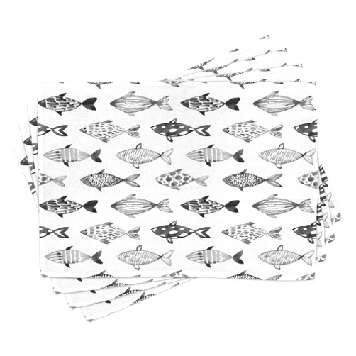 Lunarable Marine Place Mats Set of 4, Fishes Pattern in Soft Color Different Body Motif Watercolor Style Nautical Art, Washable Fabric Placemats for Dining Table, Standard Size, Grey Charcoal
