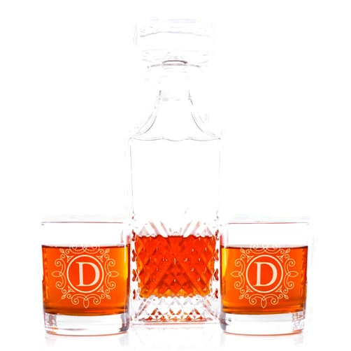 Abby Smith Ornate Monogram Bevel Decanter and Rocks Glasses (Set of 3), Letter D