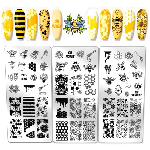 PH PandaHall 3pcs Honeycomb Nail Stamping Plates, Spring Bee Honey Nail Stamper Sunflower Nail Art Stencils Print Nail Stencils Stainless Steel Nail Image Plate for Nail Art Design Manicure Salon