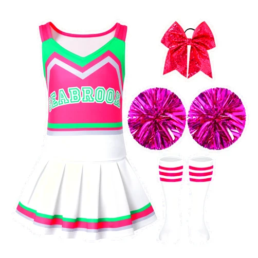 ZapLute Cheerleader Costume for Girls Cheerleading Outfits Kids Movie Halloween Dress Up Cosplay with Pom Bowtie Stocking