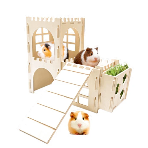 Teabelle Guinea Pig Hideout House with Feeder, Wooden Guinea Pig Castle Cage with Ramp, Small Animal Habitat Decor for Dwarf Bunnies Chinchillas Hamsters Squirrels Guinea Pigs